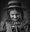 little girl, camera, monochrome, analog camera, girl, child, young, female, kid, childhood, model, pose, smile, happy, portrait
